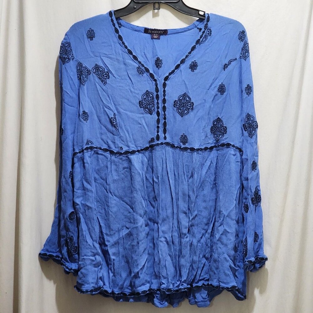 Roaman's Indie Boho Hippie Blue Embroidered Floral L/S Top 16W
